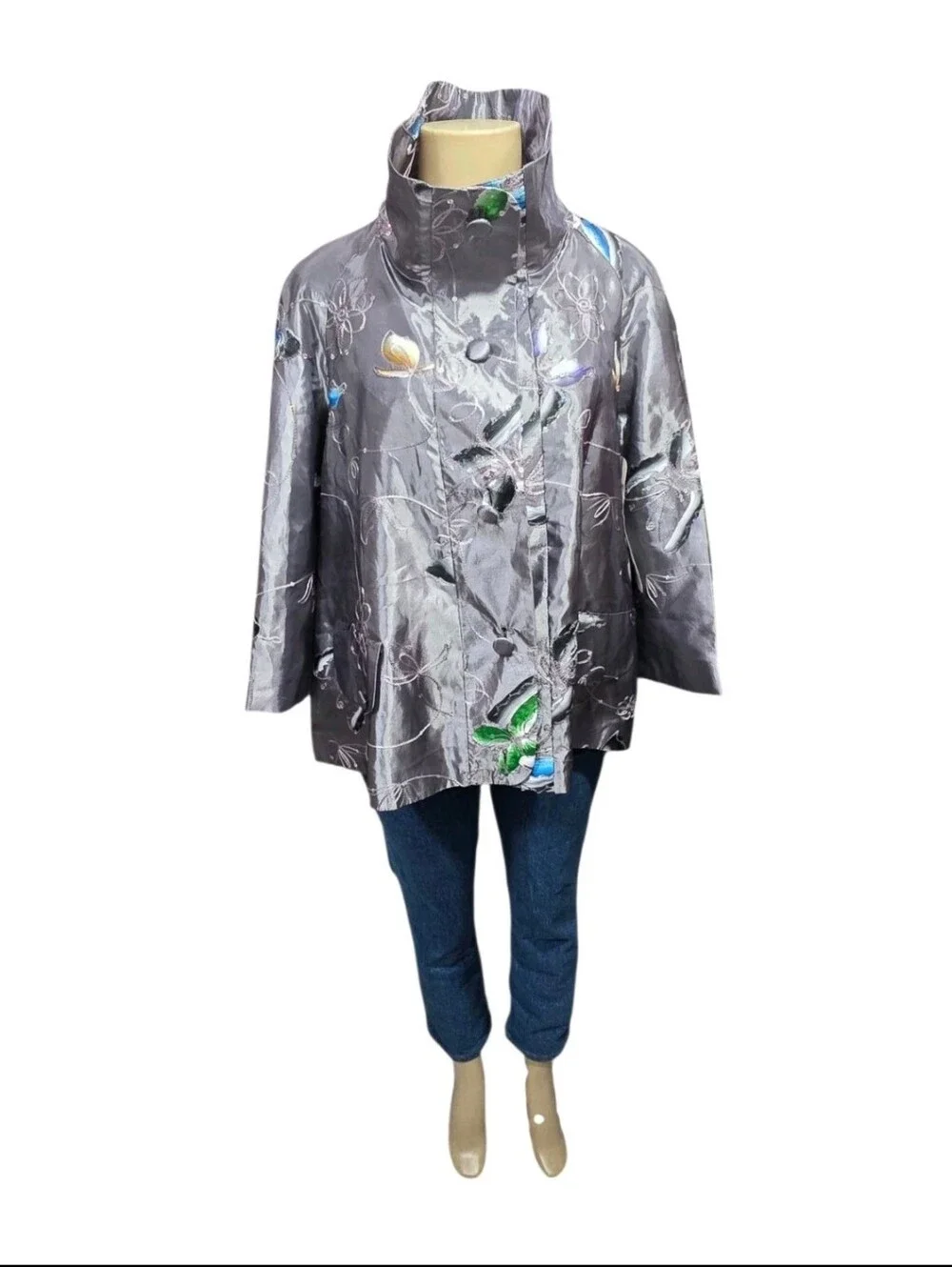 NWT Patchington Butterfly Embroidered Sequin Jacket M Gray Metallic Art Wear